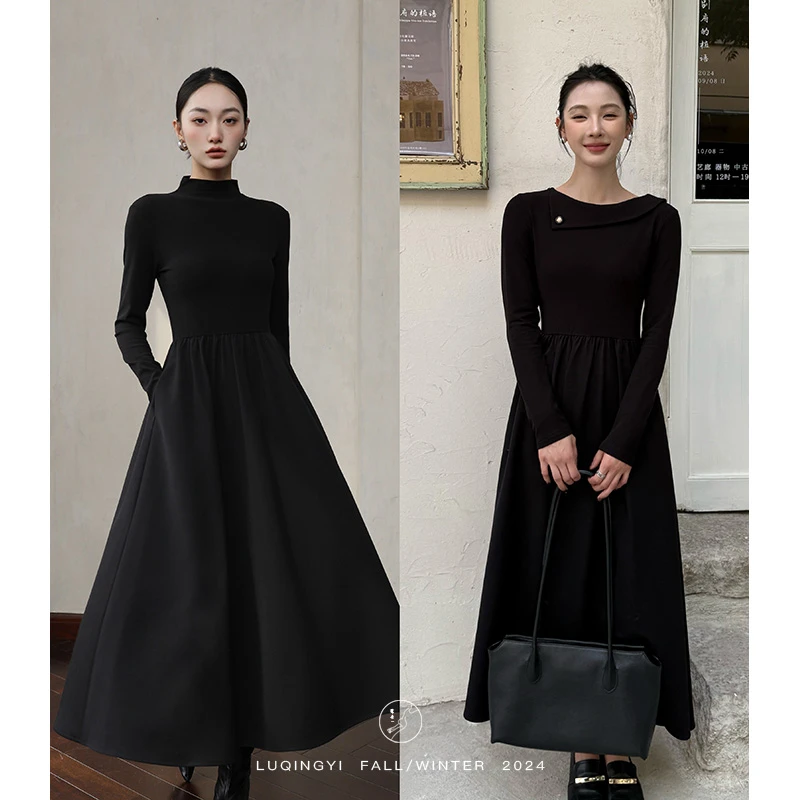 鹭青一原创【弗朗夜】针织连衣裙女冬季斜肩设计感打底裙L24L1143H