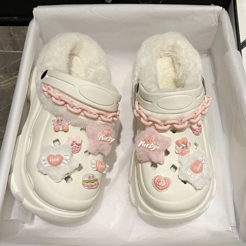 可爱棉拖鞋女冬季外穿防水厚底增高防滑洞洞鞋家居加绒保暖棉鞋女