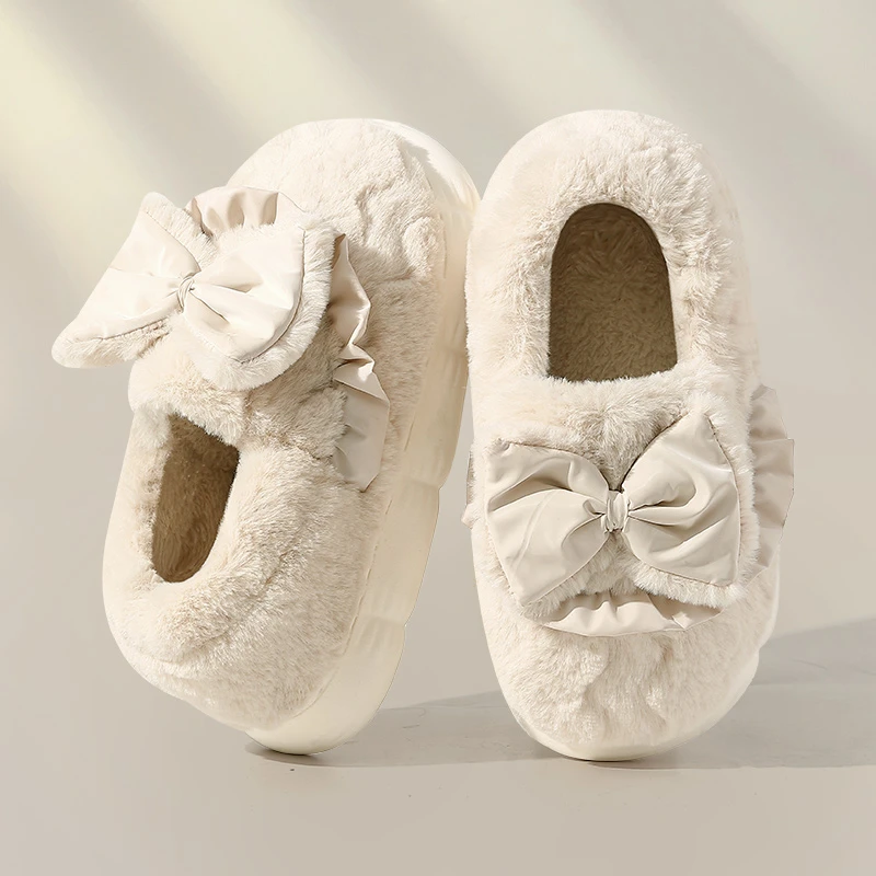 蝴蝶结超暖棉拖鞋女士冬季2023新款室内家居厚底防滑毛绒保暖棉鞋