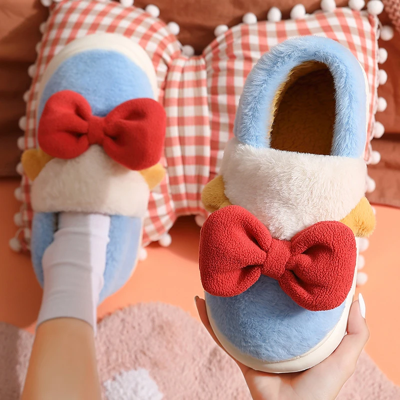 蝴蝶结女士棉拖鞋秋冬季2024新款室内家居防滑保暖毛毛绒棉拖冬男