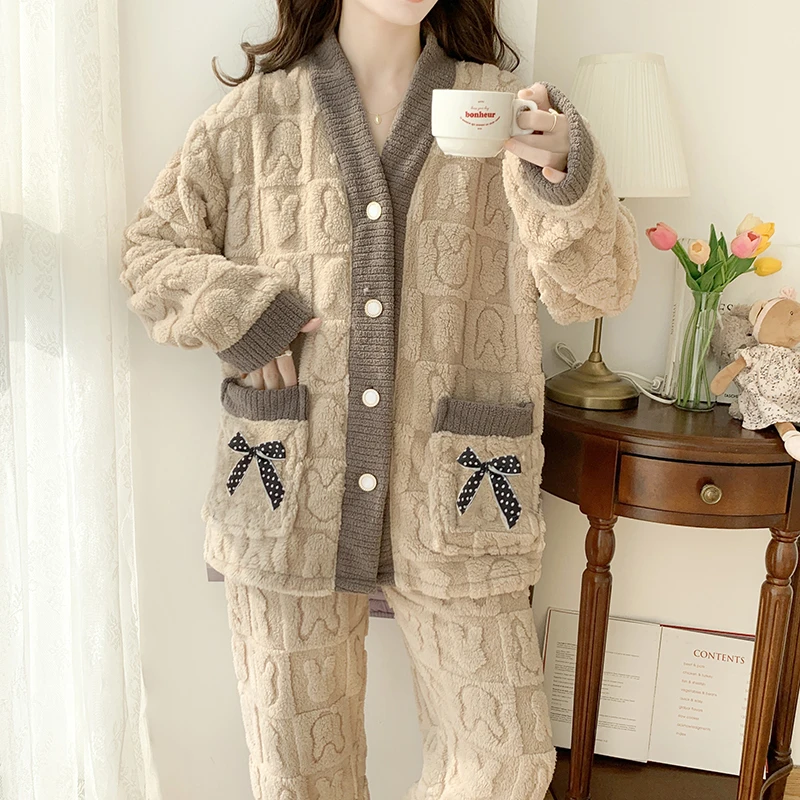 珊瑚绒睡衣女秋冬季加绒加厚胖妹妹加肥加大码200斤法兰绒家居服