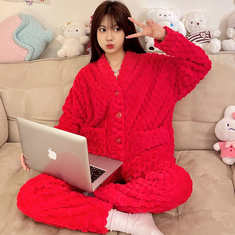 胖MM大码睡衣秋冬季珊瑚绒新婚结婚加厚婚庆喜庆大红法兰绒家居服