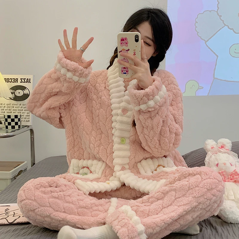 珊瑚绒睡衣女秋冬季加绒加厚胖妹妹加肥加大码法兰绒家居服套装