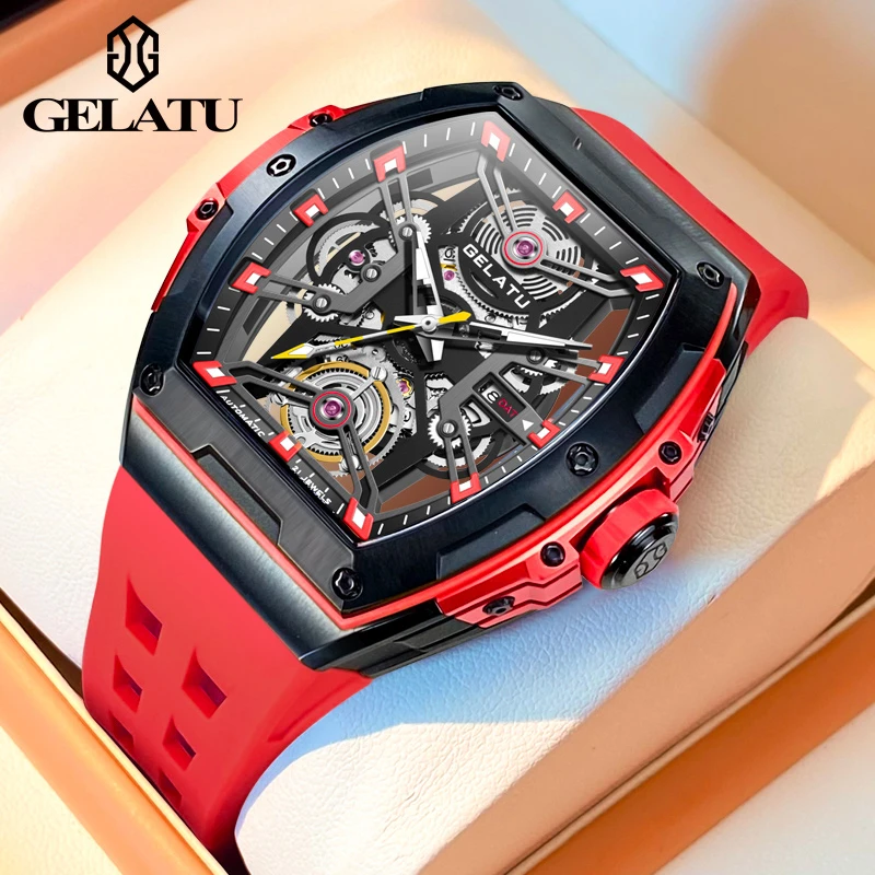 GELATU格拉图手表男士酒桶型全自动机械表大表盘镂空夜光国货腕表