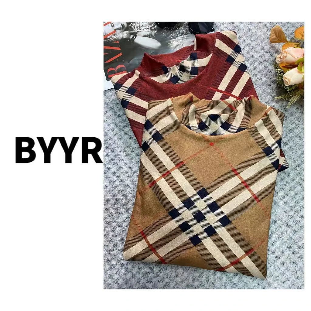 BYYR高定系列半高领加绒打底衫（121173）百搭秋冬格纹长袖拼色保暖