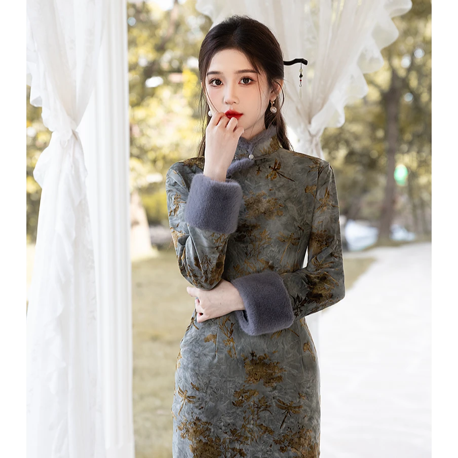 【灰绿画报】新中式旗袍秋冬加绒复古民国风气质长款老上海性感3698