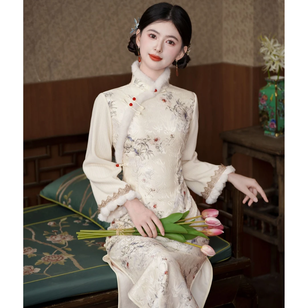 【婉婉如梦】新款旗袍2024年秋冬加绒长袖复古网红气质连衣裙3424