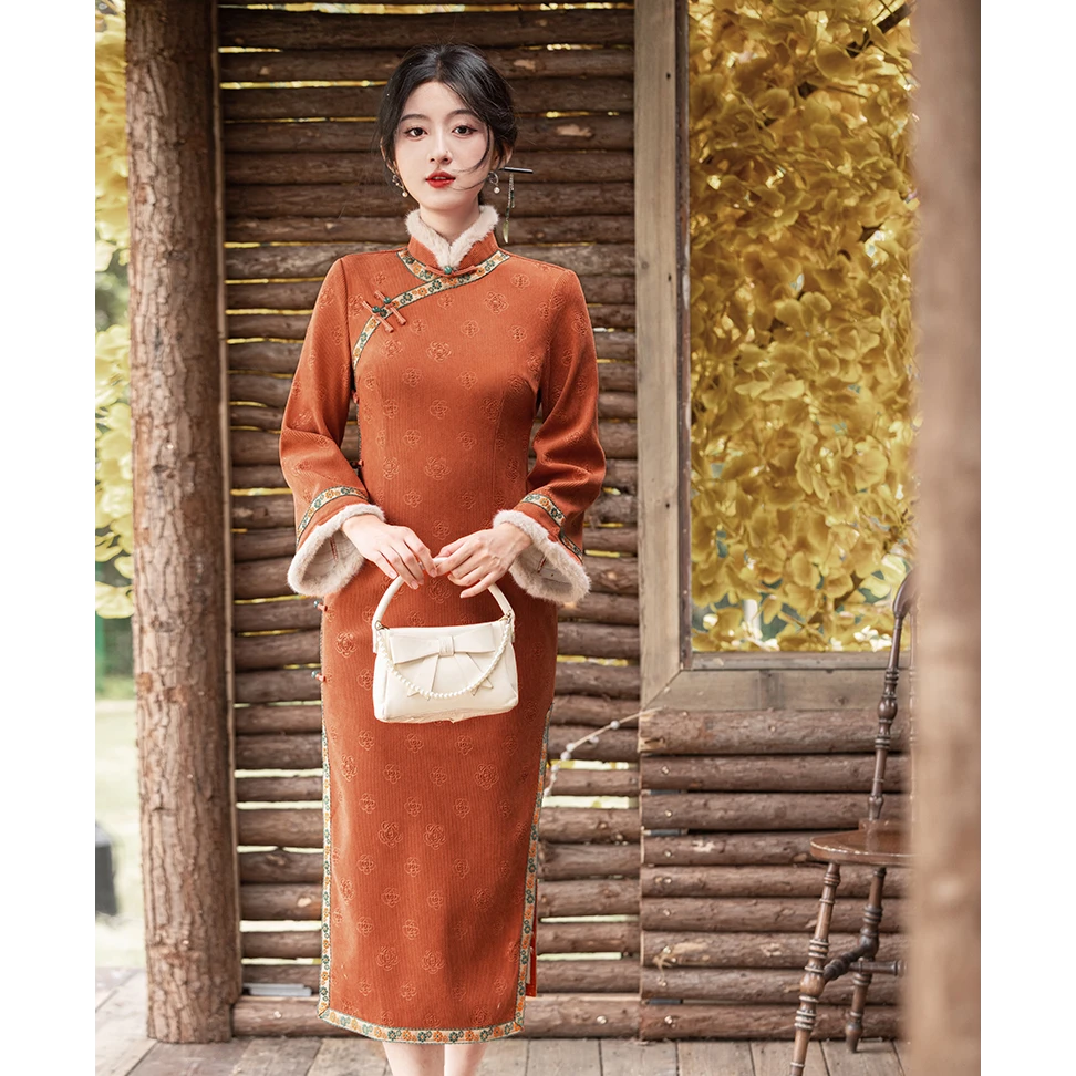 【小南瓜】南瓜色雪尼尔加绒2024年新款加绒加厚拜年服连衣裙3571