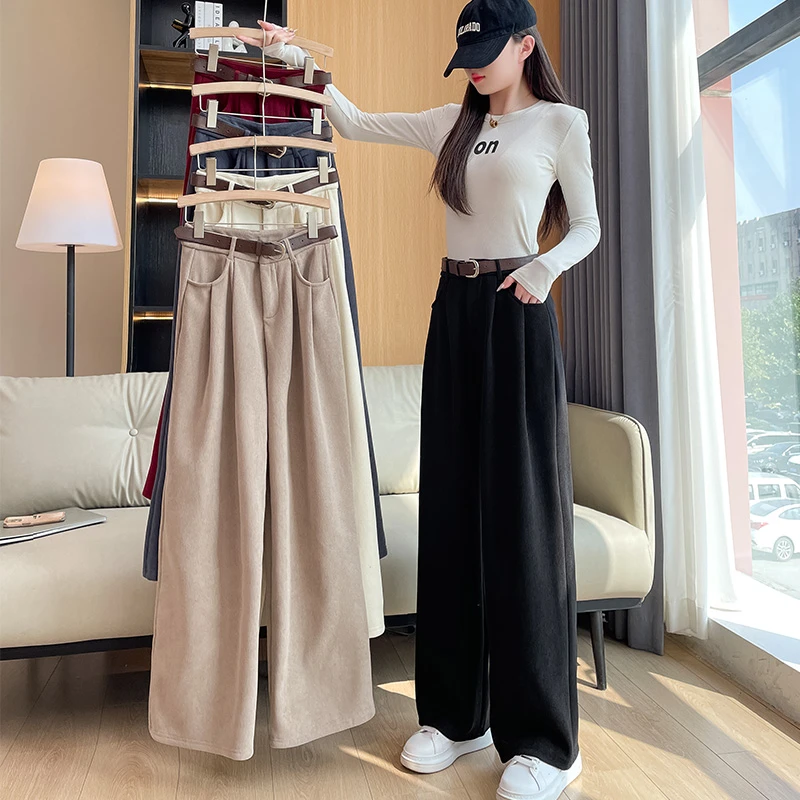 灯芯绒燕麦色裤子女窄版阔腿裤秋冬加绒新款美拉德穿搭宽松休闲裤