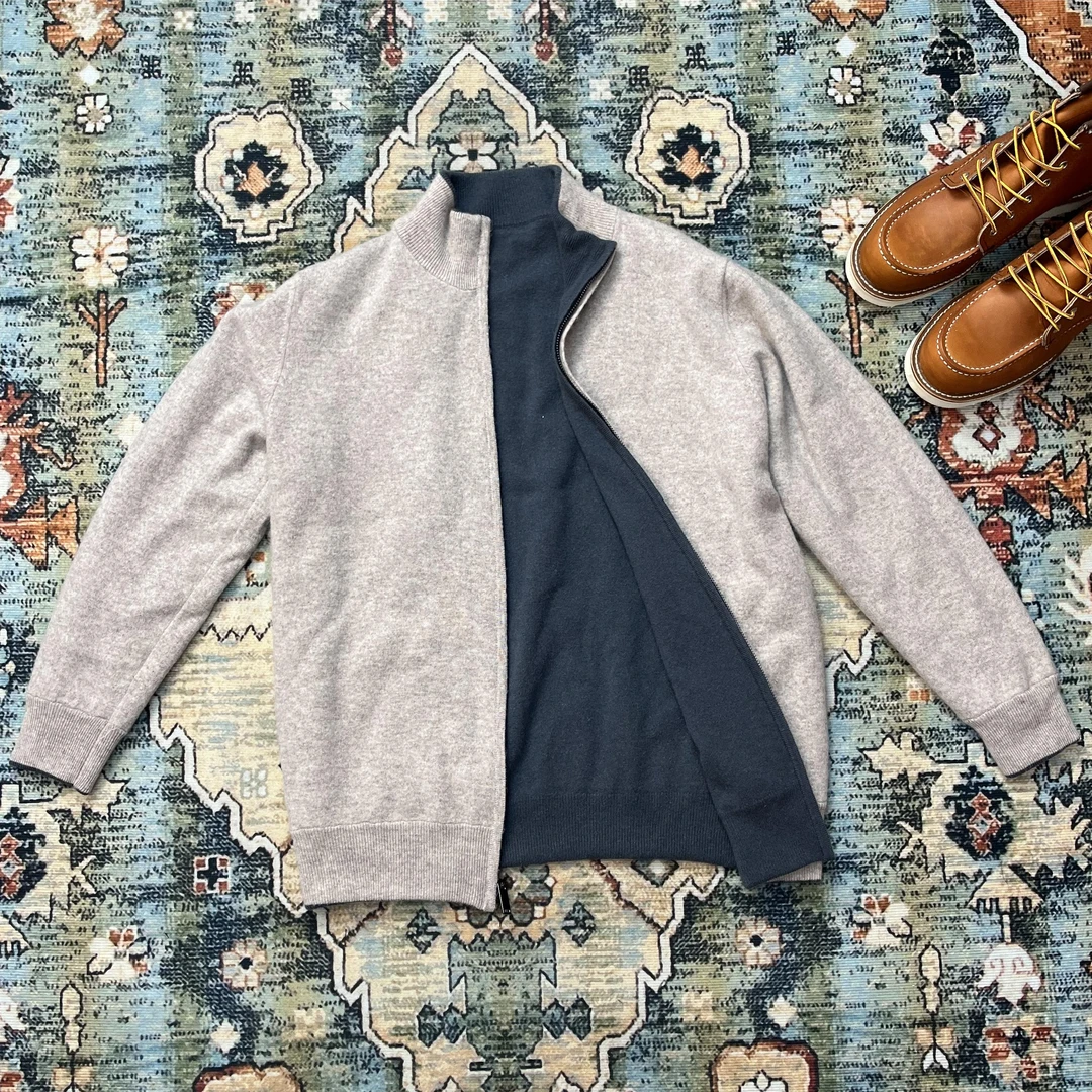 进口羊绒Hawkdk纯羊绒开衫双面穿着双色加厚男女款修身保暖立领