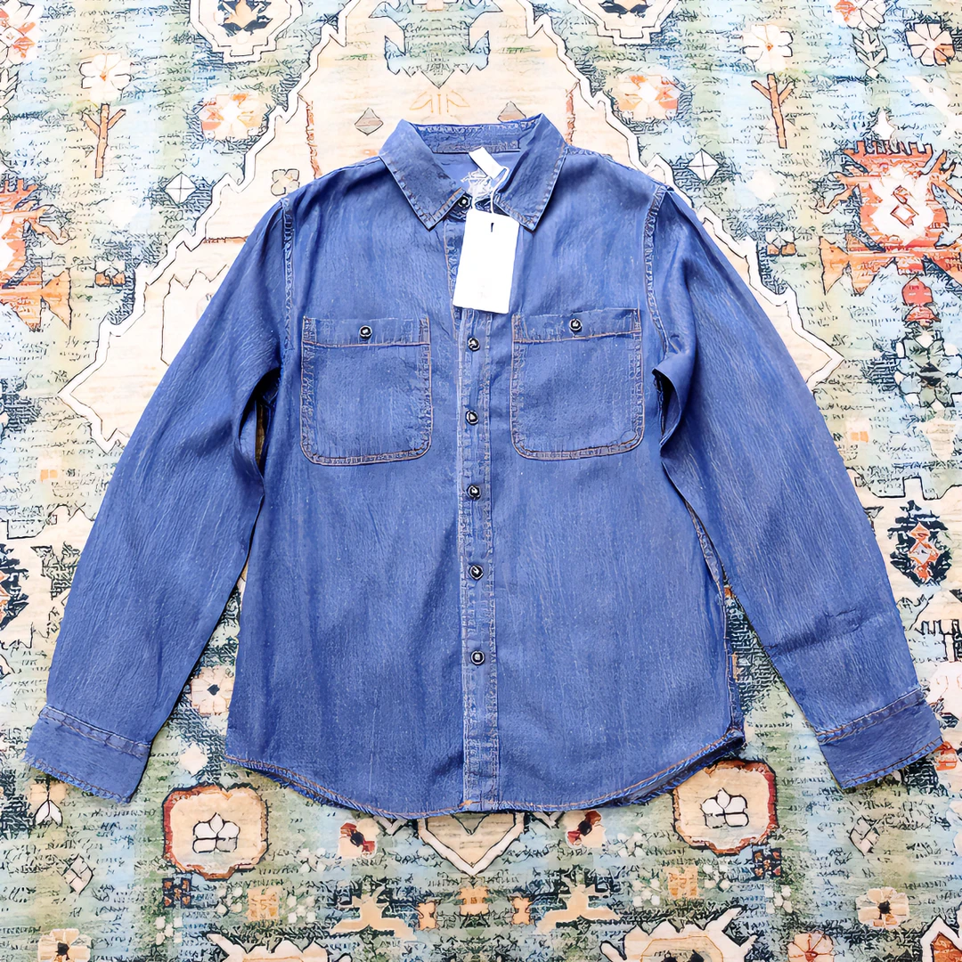 Hawkdk男士牛仔衬衫美式复古休闲宽松透气春秋款长袖纯色纯棉百搭