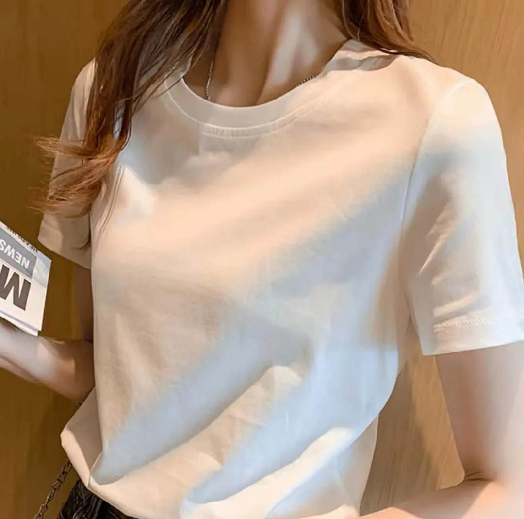 白色夏季很薄透款净面圆领半袖常规休闲时尚显瘦纯色简约百搭时尚