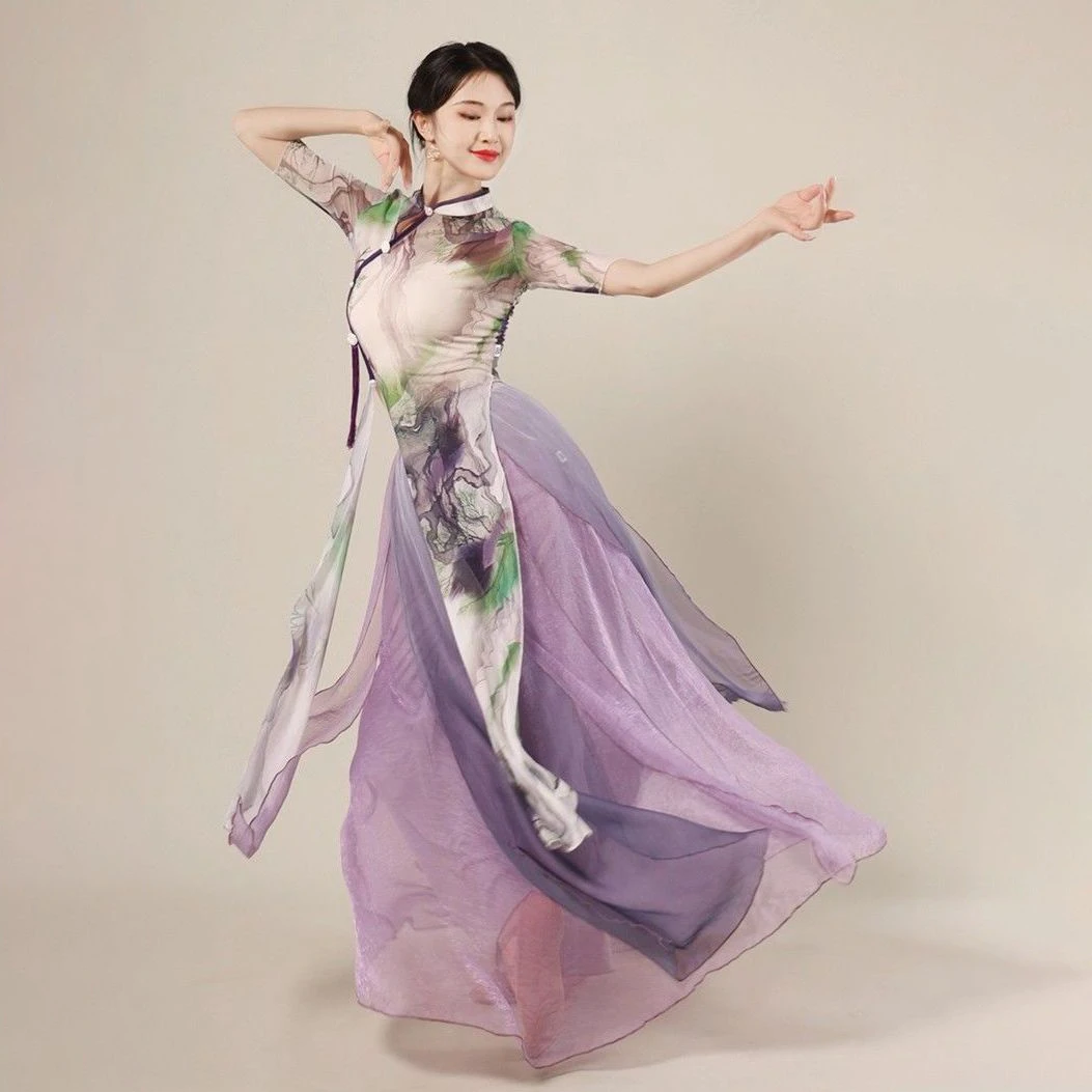 旗袍舞蹈服女弹力网纱中国舞古典舞练功服成人舞蹈表演服演出服装