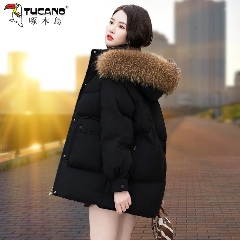 【官方品牌】啄木鳥大毛领白鸭绒羽绒服女秋冬2026新款时尚韩版外套