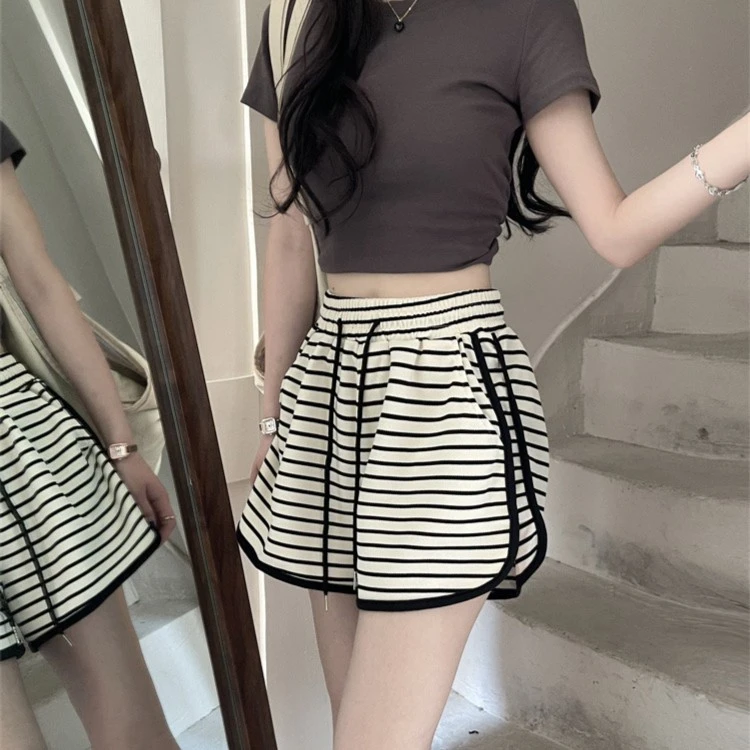 休闲运动短裤女夏季韩版2023新款高腰显瘦条纹松紧腰百搭外穿热裤