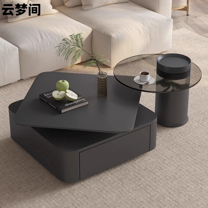 意式轻奢极简岩板方形旋转茶几客厅家用小户型2024新款高级感