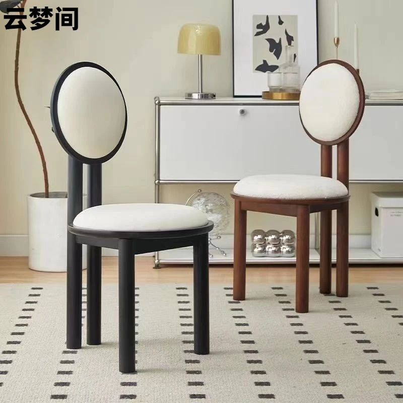 奶油法式实木餐椅椅子家用中古复古设计师靠背化妆靠背椅现代简约