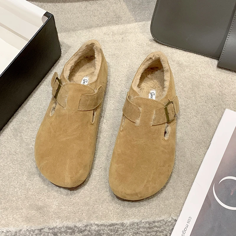 法式复古圆头软底软面勃肯鞋2023秋冬季新款网红时尚加绒毛毛鞋