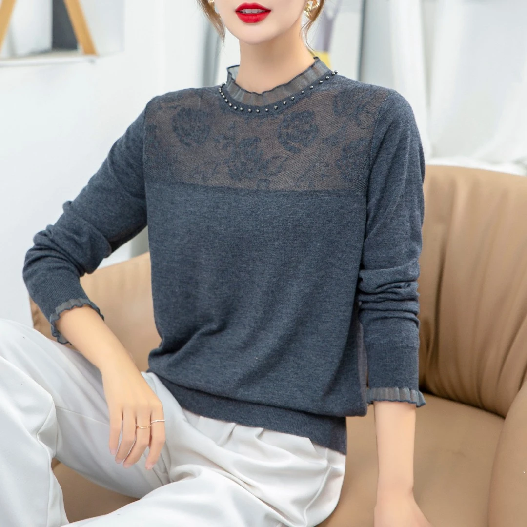 钉珠毛衣女宽松圆领针织上衣