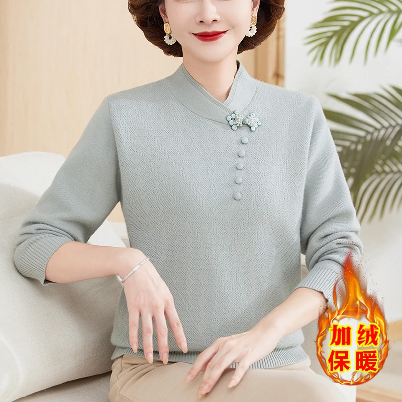 妈妈装秋冬加绒加厚毛衣套装40岁50中老年女一体绒打底衫保暖上衣