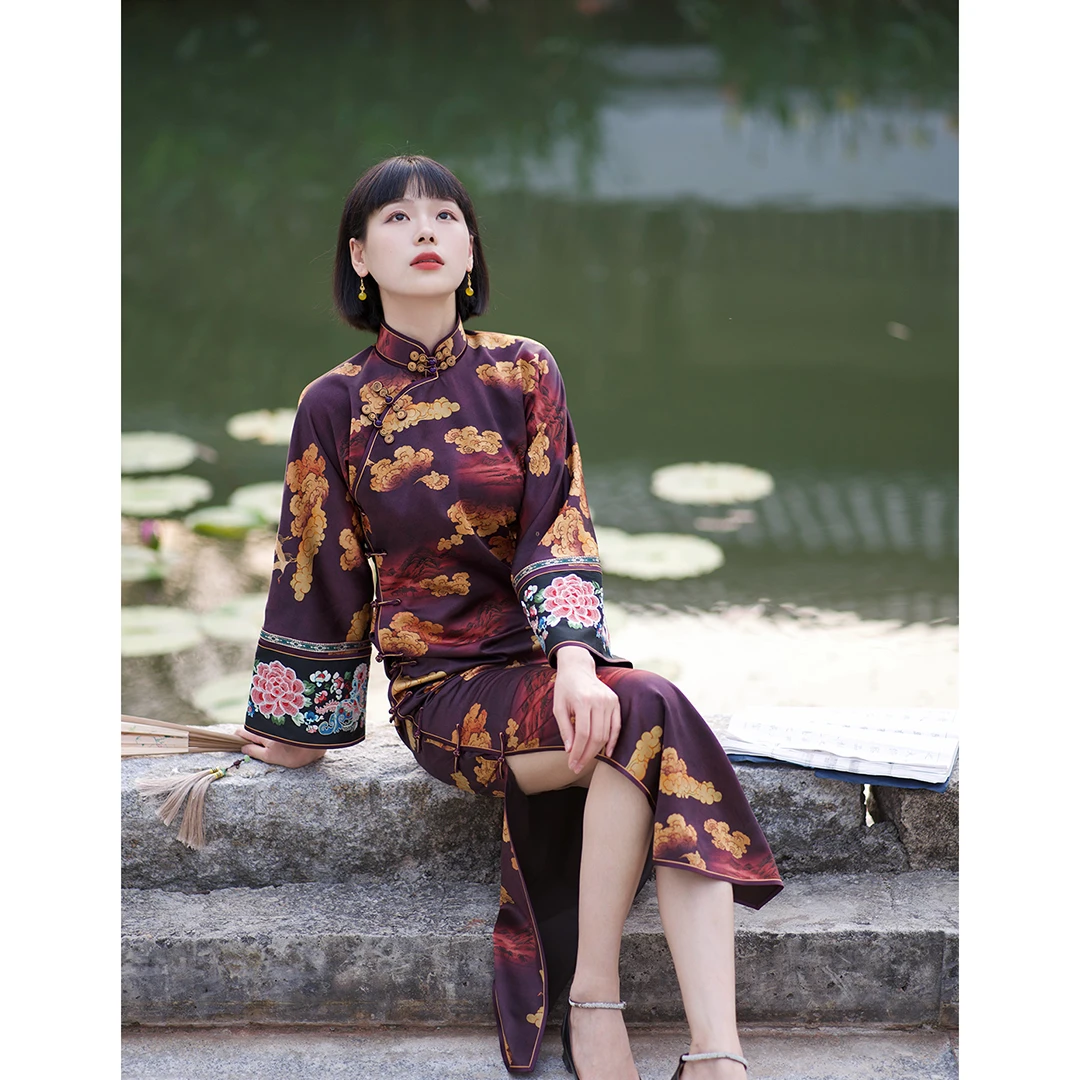 丘美【晚嘉】50姆米皮子中式风高端打籽绣长款无省修身手工古法旗袍