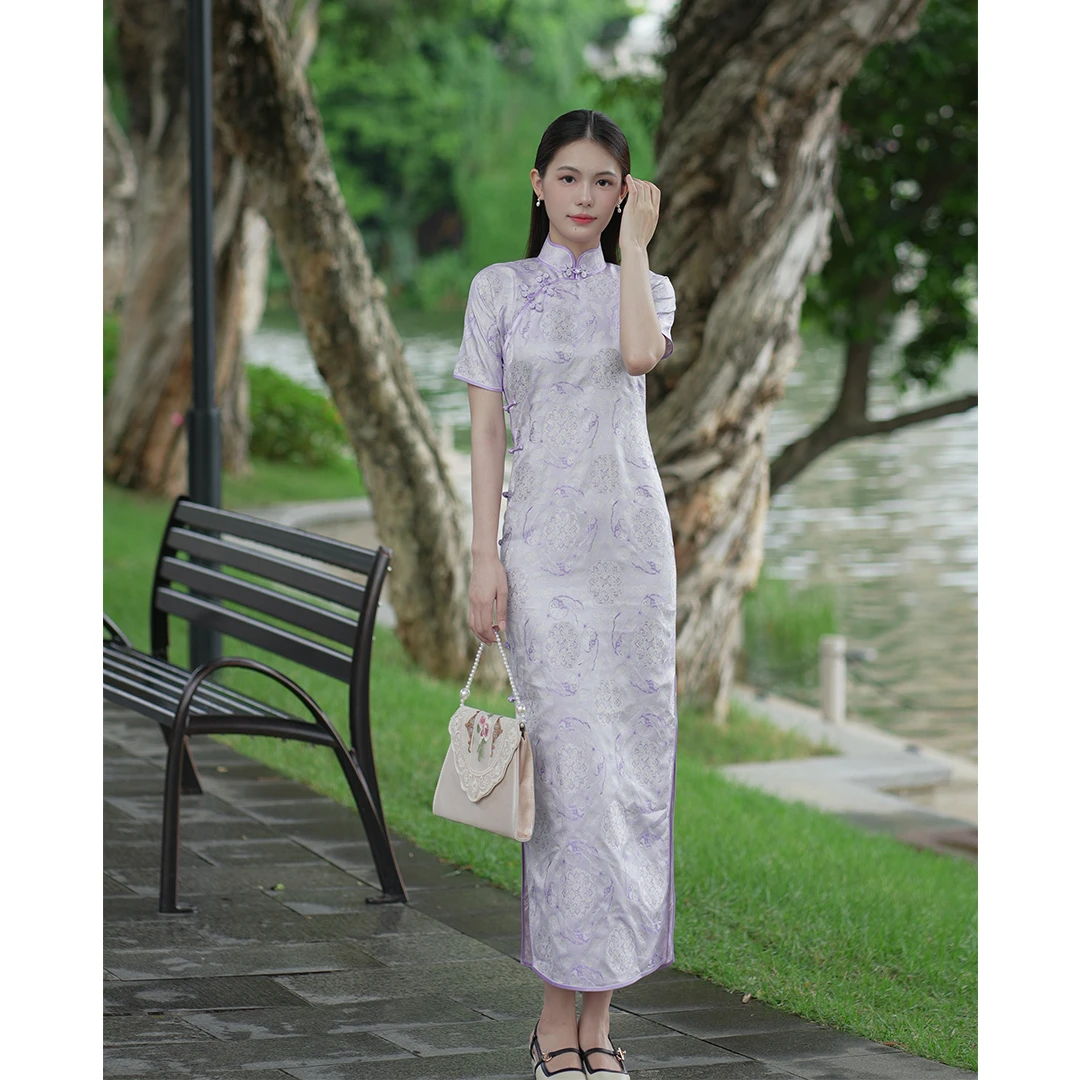 丘美【星蔓】26姆米真丝异色罗花萝气质无省修身手工中国风旗袍