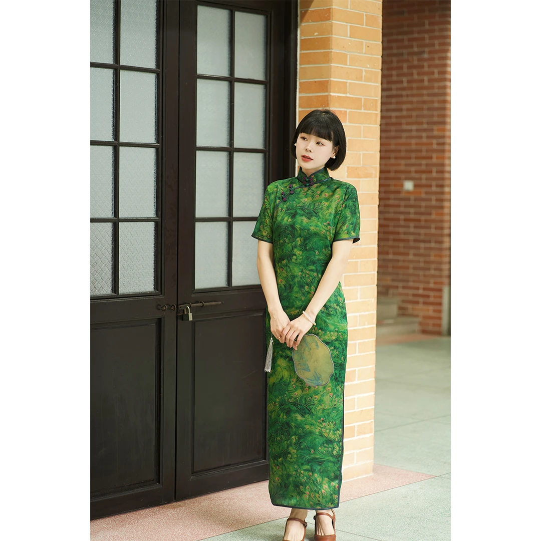 丘美【慕柠】28姆米透孔花萝复古气质无省修身手工中国风旗袍