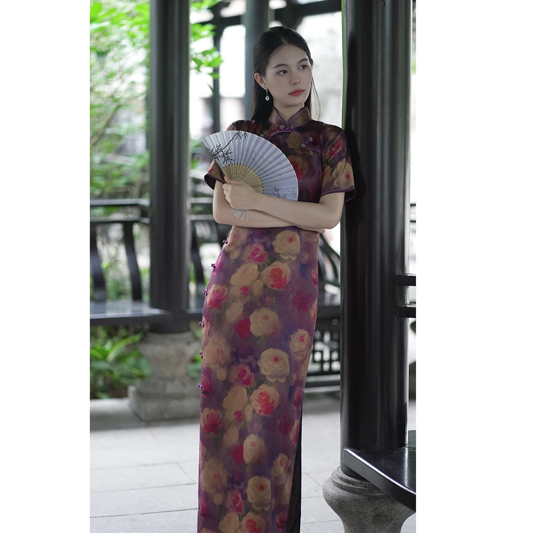 丘美【紫琪】40姆米湖丝重锻香云纱国风无省修身日常手工古法旗袍