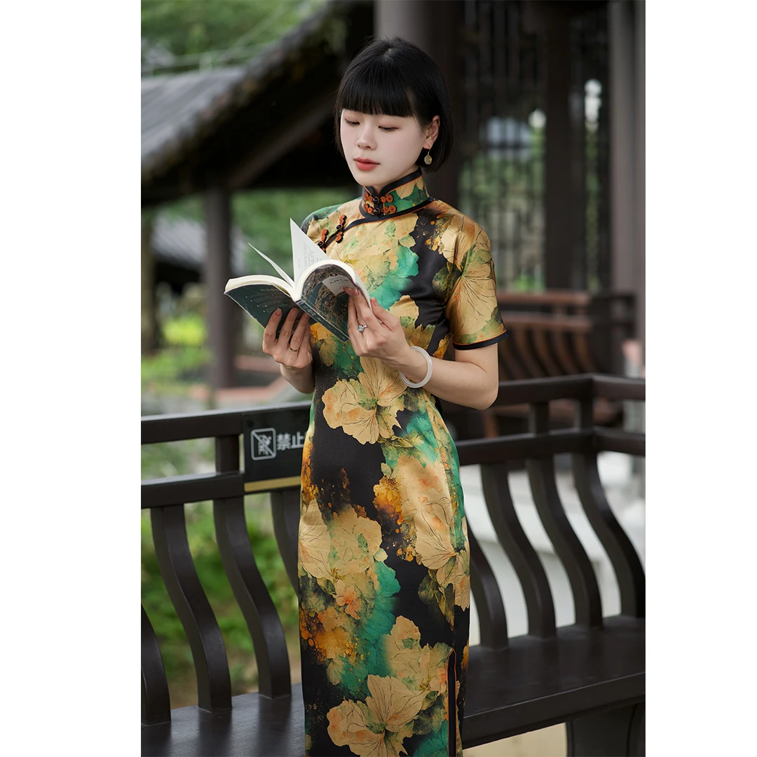 丘美【繁花】40姆米重锻复古中国风日常无省修身手工扦边古法旗袍