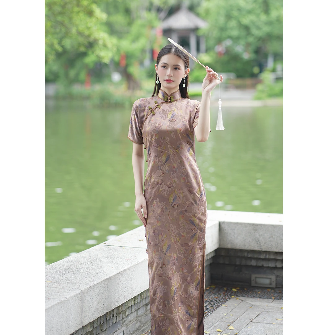 丘美【槿芝】28姆米透孔花萝复古优雅气质无省修身手工古法旗袍