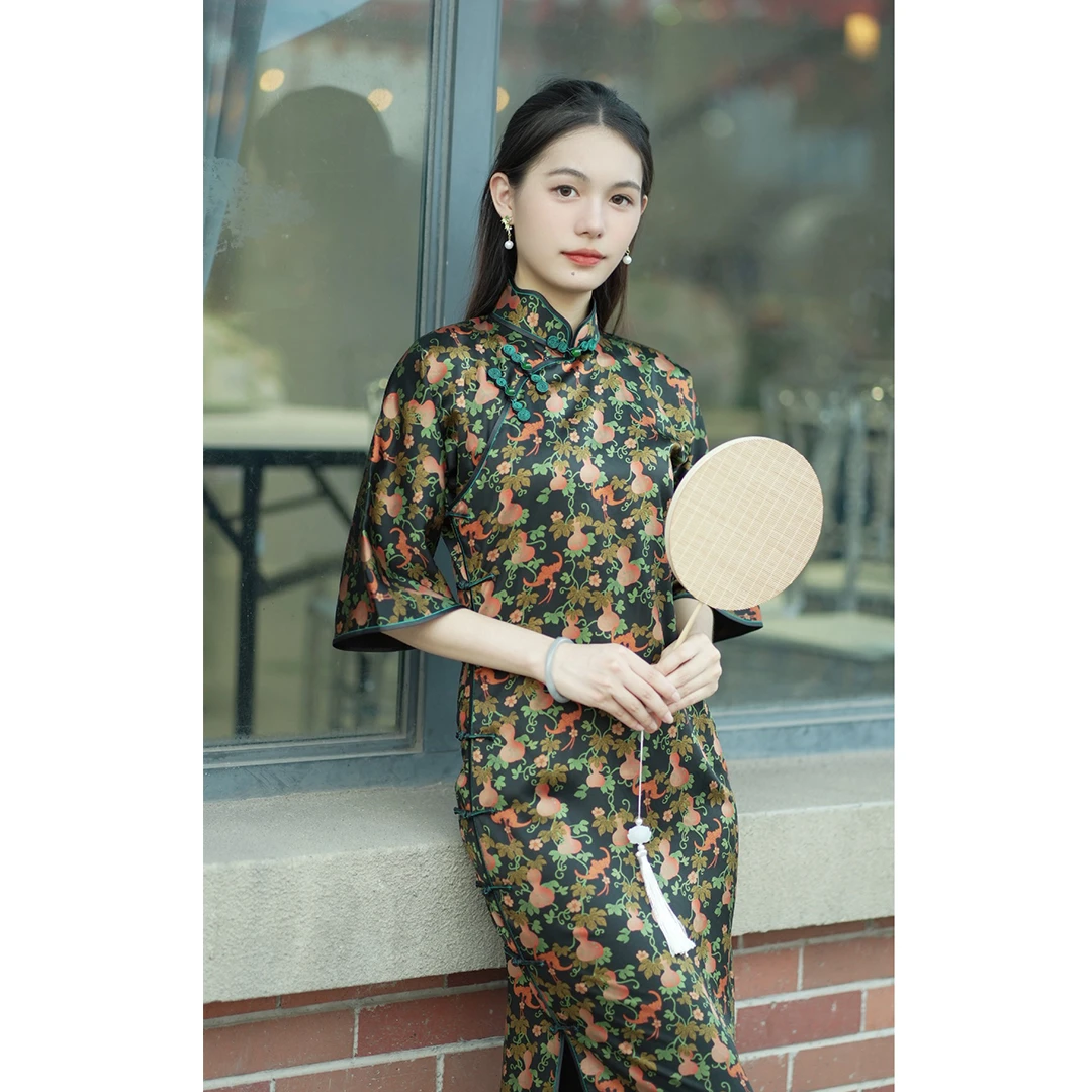 丘美【福韵】40姆米重锻香云纱倒大袖无省修身手工古法中国风旗袍