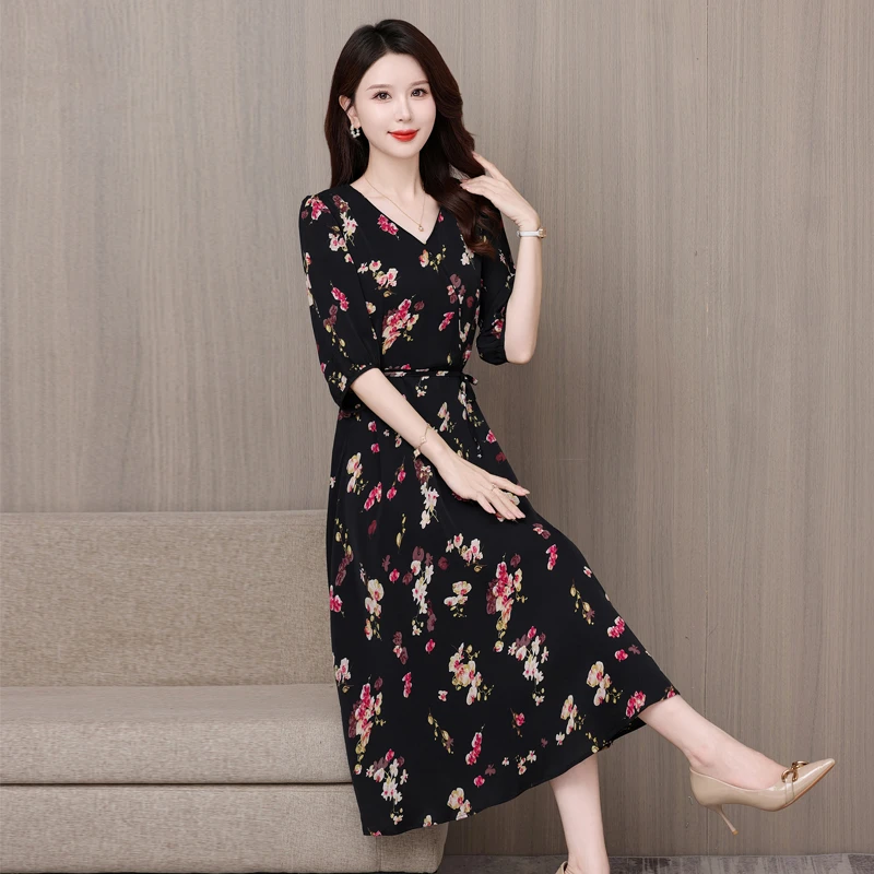 优雅修身女中长款收腰V领遮肉显瘦蔷薇花碎花气质女神范连衣裙DQS