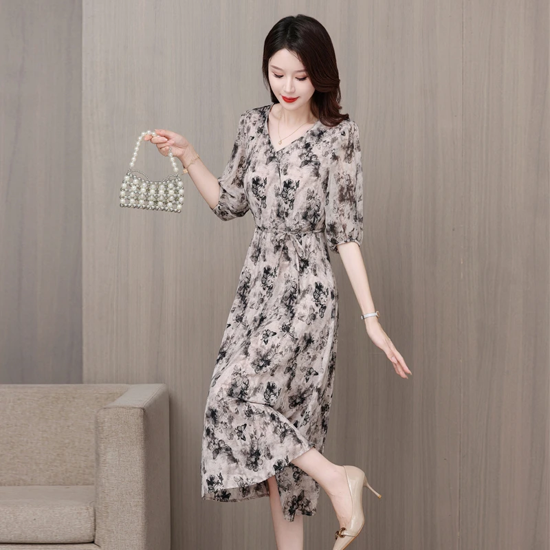 优雅修身中长款水墨蝴蝶蔷薇花收腰V领显瘦气质时尚减龄连衣裙988