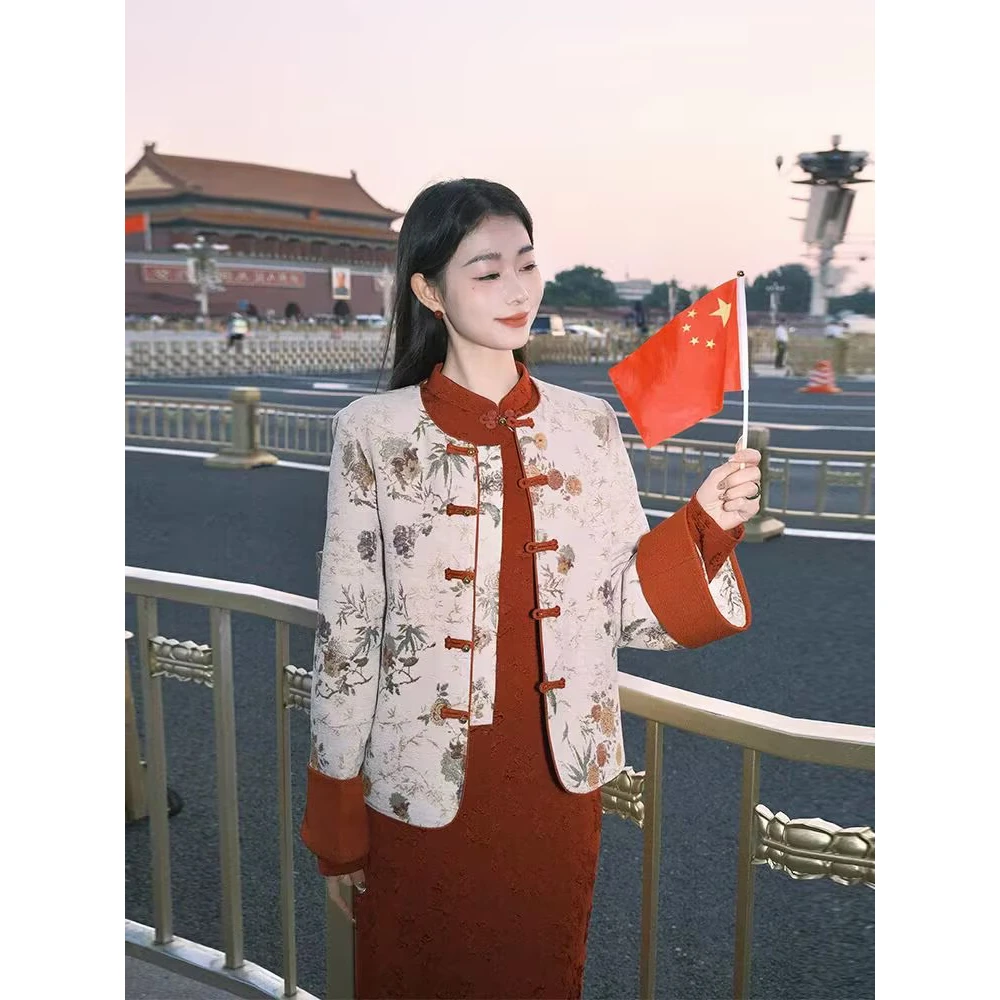 新中式国风锦绣年华大气复古提花外套旗袍深红连衣裙礼服套装299