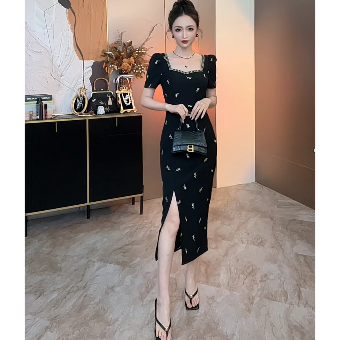 【郁金晚香】夏季开叉连衣裙黑色显瘦气质刺绣长裙法式修身包臀裙