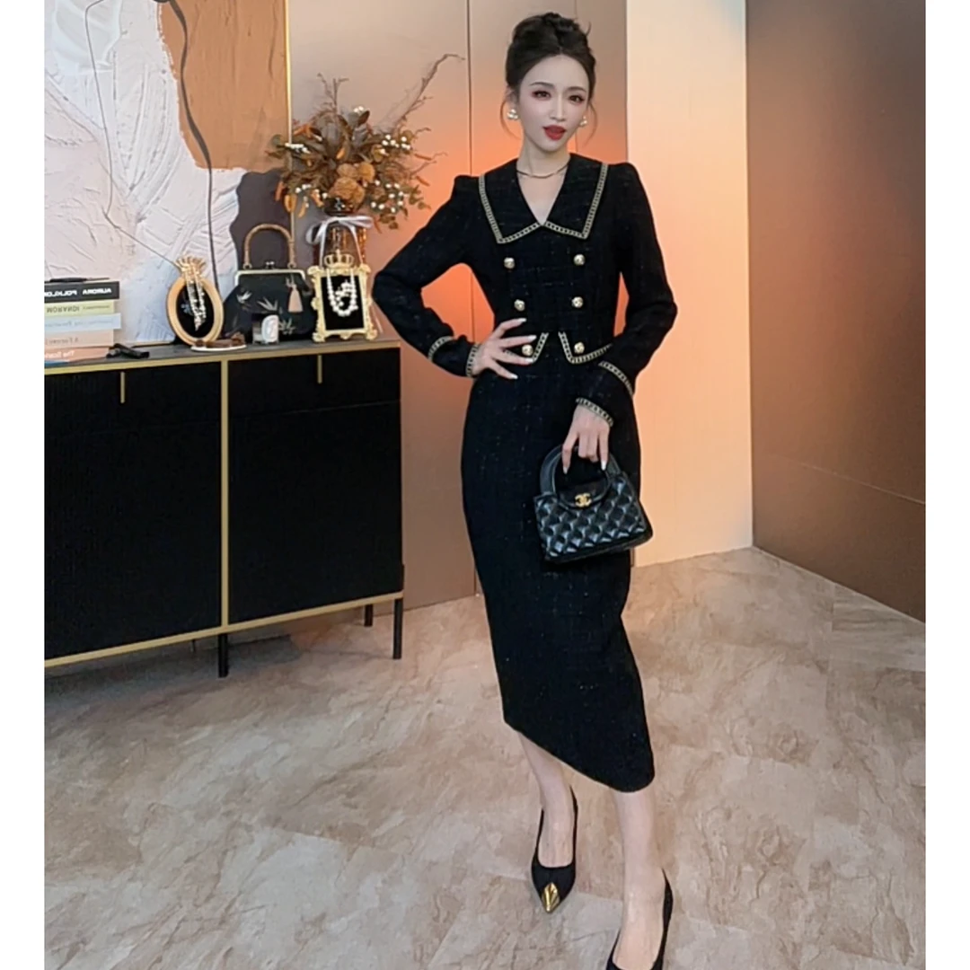 【曼城旧事】秋冬女装小香风连衣裙气质显瘦法式黑色收腰复古裙子