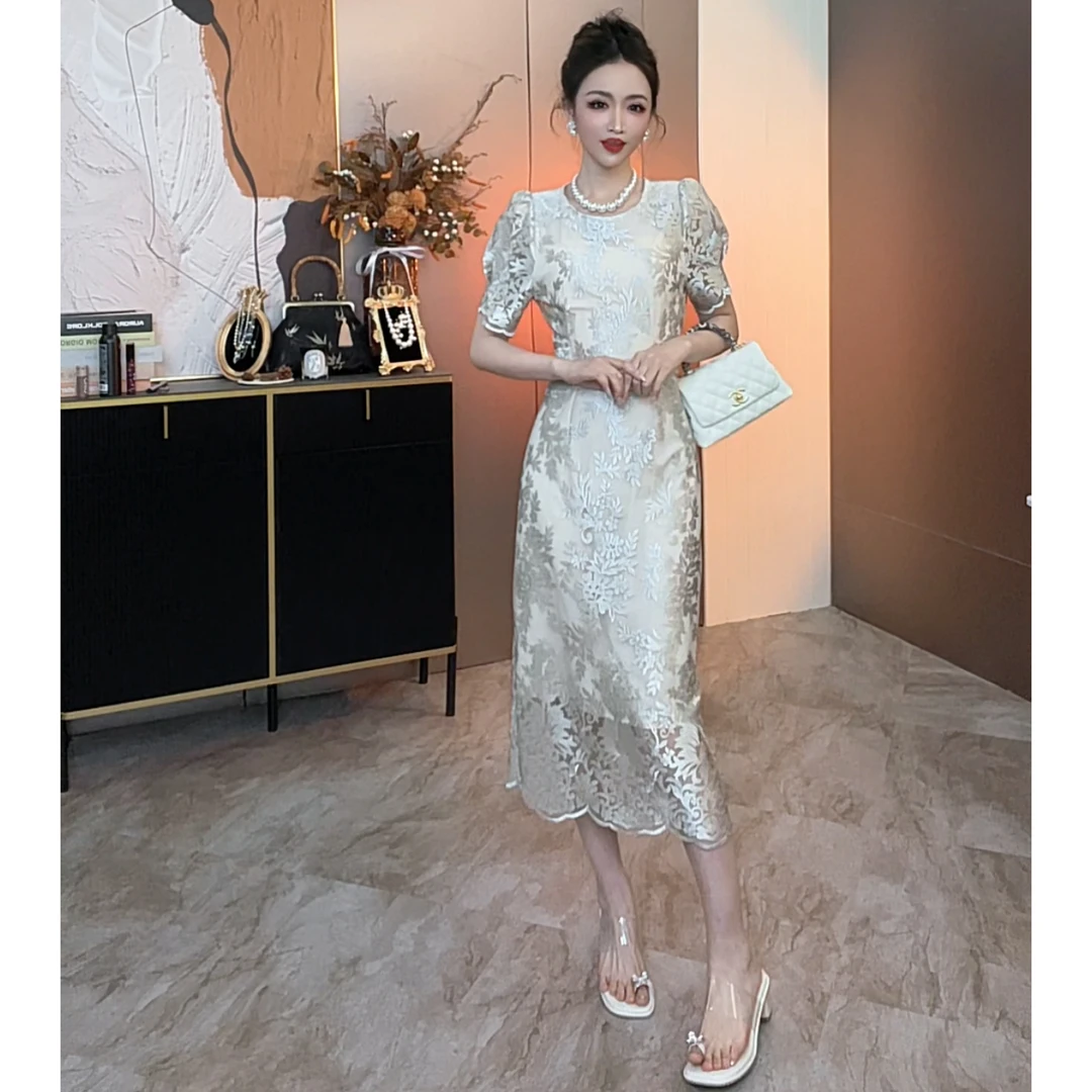 【玉叶粼粼】夏季女装连衣裙气质显瘦法式复古绣花蕾丝长裙收腰裙子