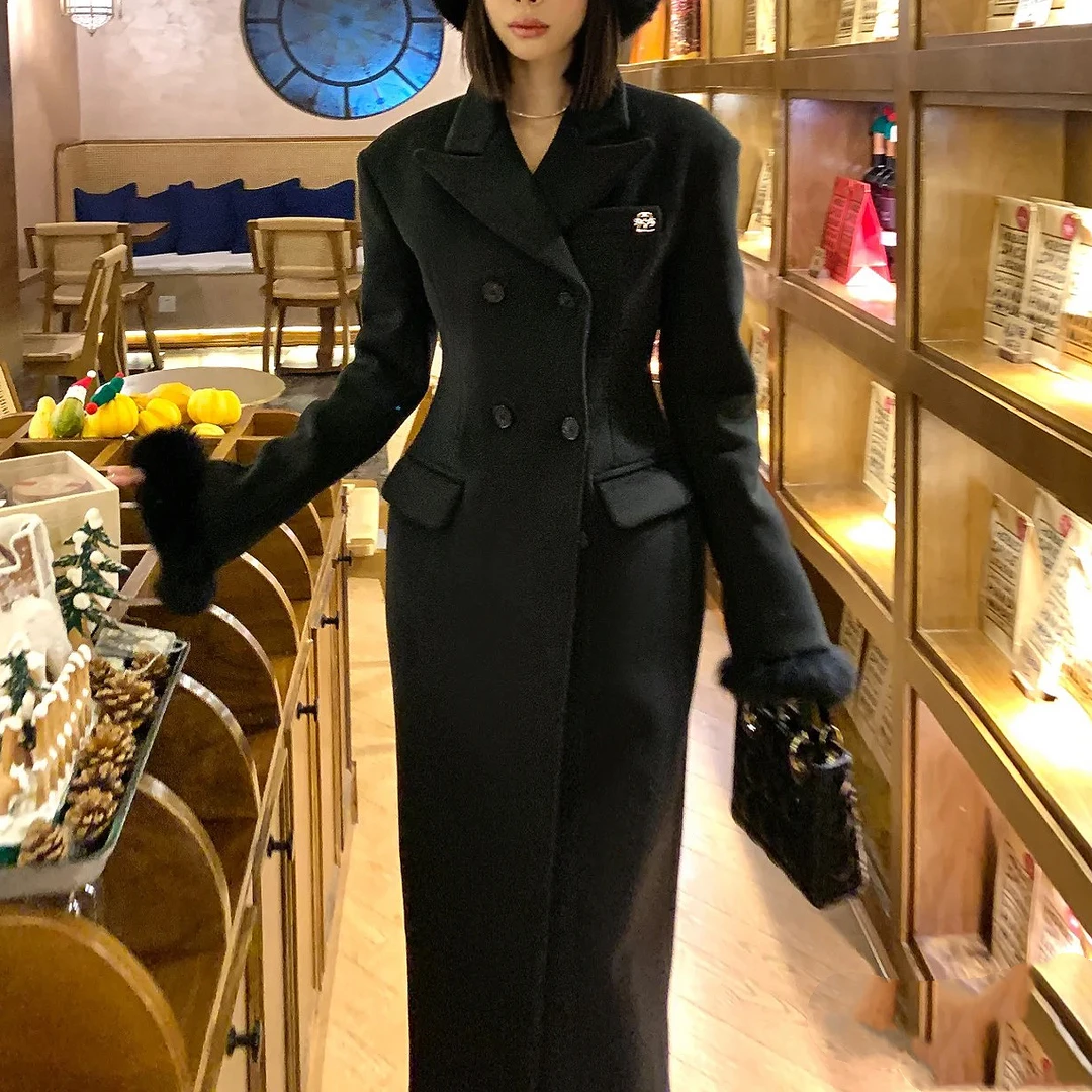 【现货】BIN【秀场女王】冬季毛呢大衣高级感显瘦长款收腰呢子外套