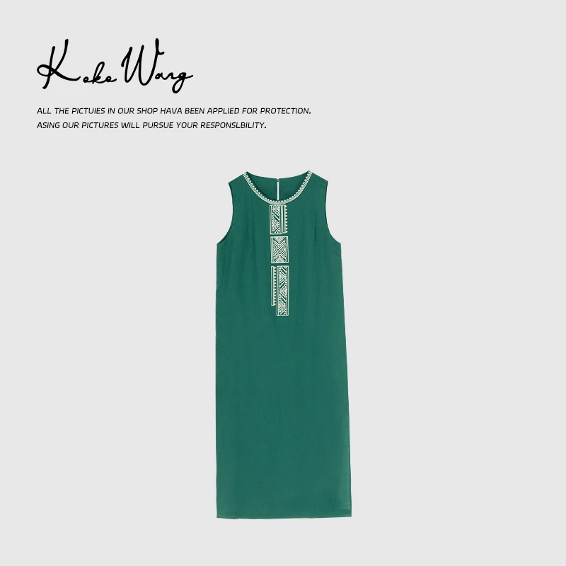 KOKOWANG复古刺绣无袖宽松百搭A字中长款连衣裙 180684F10Q42