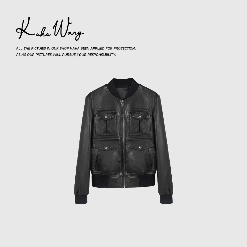 KOKOWANG 进口羊皮立领多口袋时尚百搭夹克皮衣外套 241534H03W42