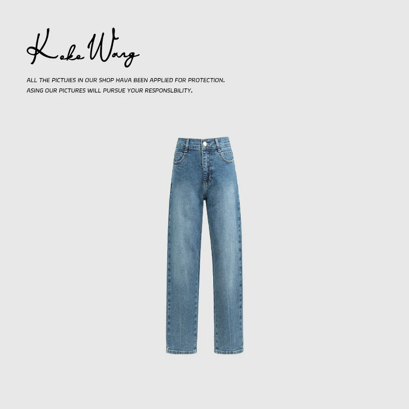 KOKO WANG水洗工艺前中线高腰显瘦百搭直筒牛仔裤244374G13K44