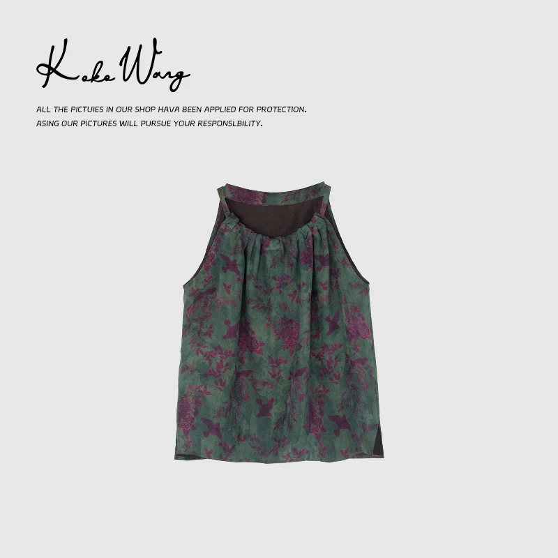 KOKO WANG小唐人真丝香云纱抽褶无袖打底背心吊带193634E13T05