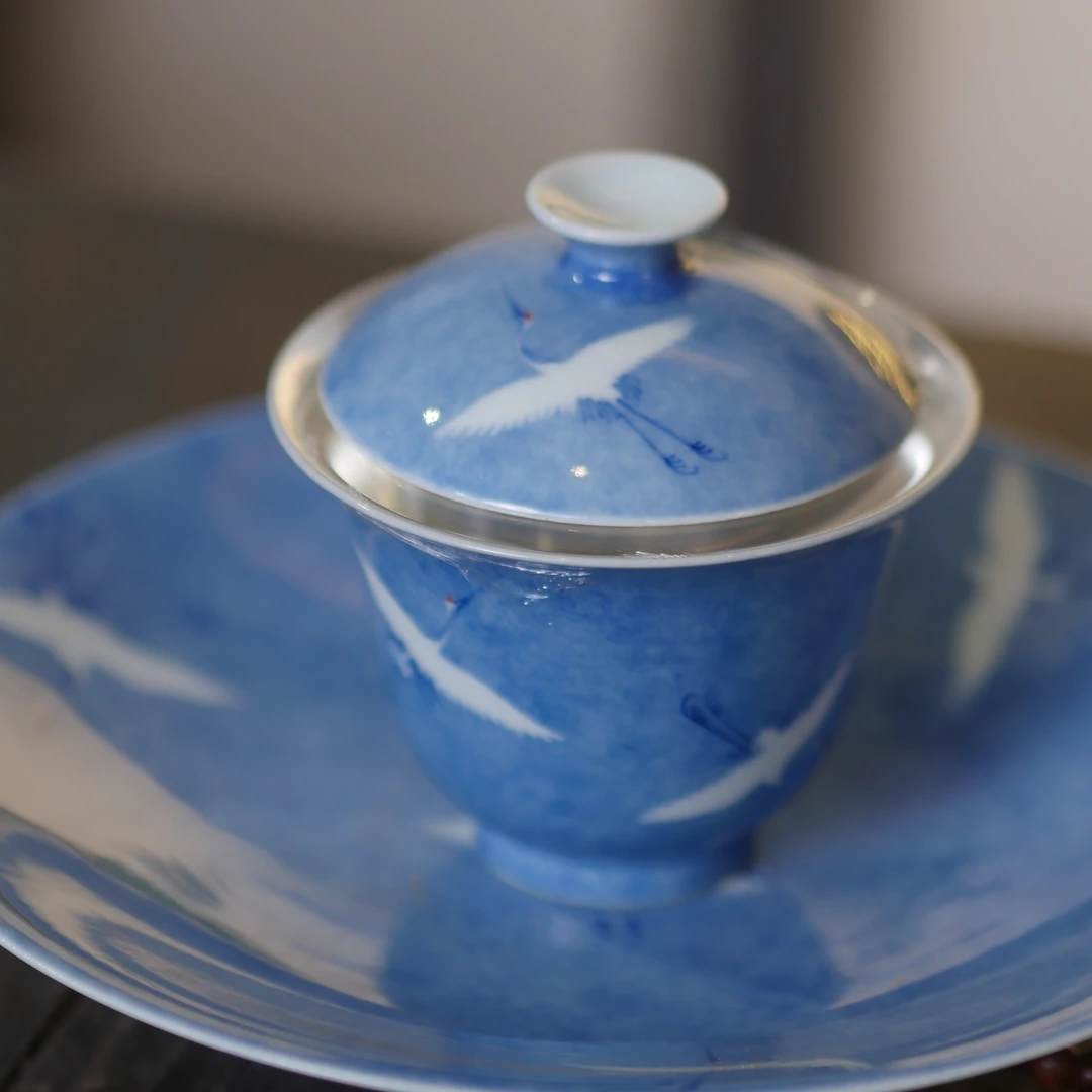 【银瓷天成】手绘洒蓝瑞鹤图3才盖碗复古高端银瓷食品级足银纯手工