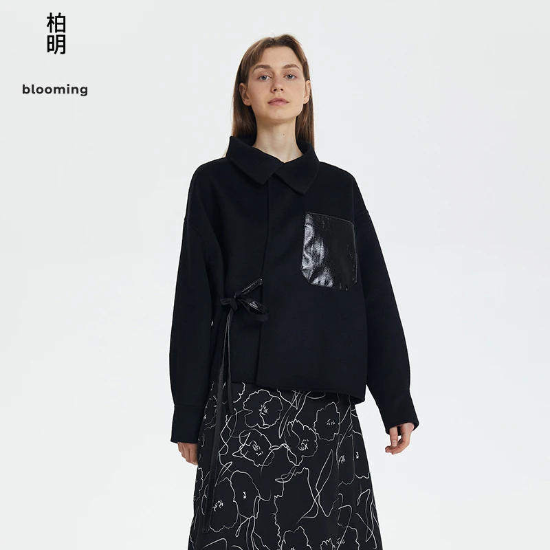 柏明秋季女装系带双面呢短大衣绵羊毛女士收腰显瘦外套