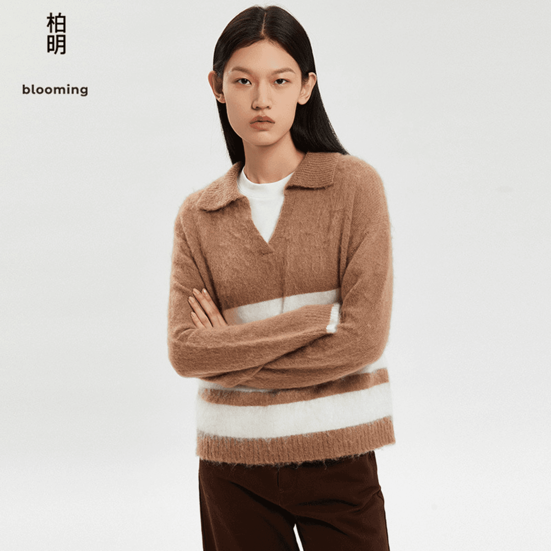 柏明blooming冬季女装亲肤马海毛POLO领条纹针织毛衣春季