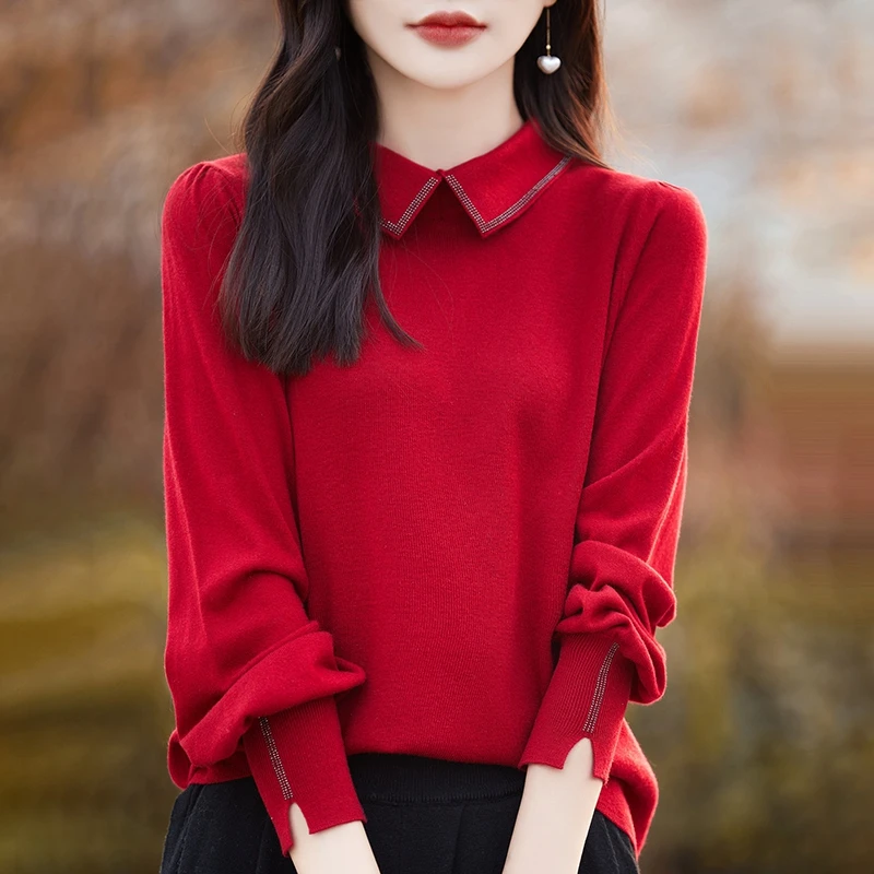 精纺POLO领烫钻纯色经典时尚百搭针织衫秋季新款长袖显瘦打底上衣