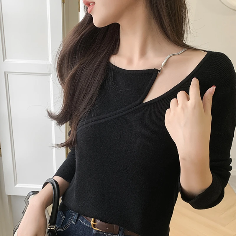 秋冬女装套头针织衫上衣女斜领链条设计休闲显瘦通勤百搭针织衫女