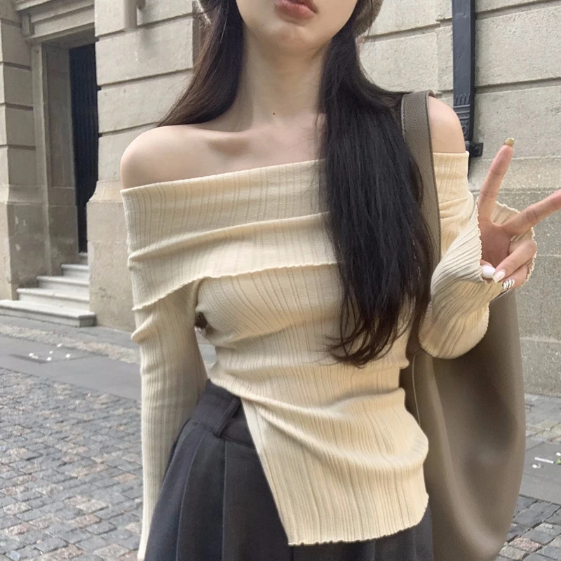 复古一字肩针织衫套头修身显瘦开叉不规则高级感休闲性感打底衫女