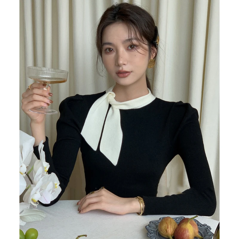 针织衫上衣早秋气质秋装优雅气质领结撞色时尚长袖显瘦百搭毛衣女