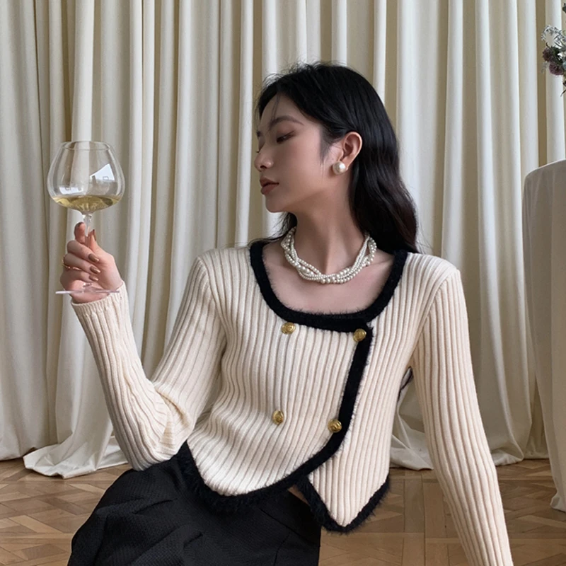方领拼色长袖女上衣气质小香风双排扣优雅短款针织衫毛衣女秋冬